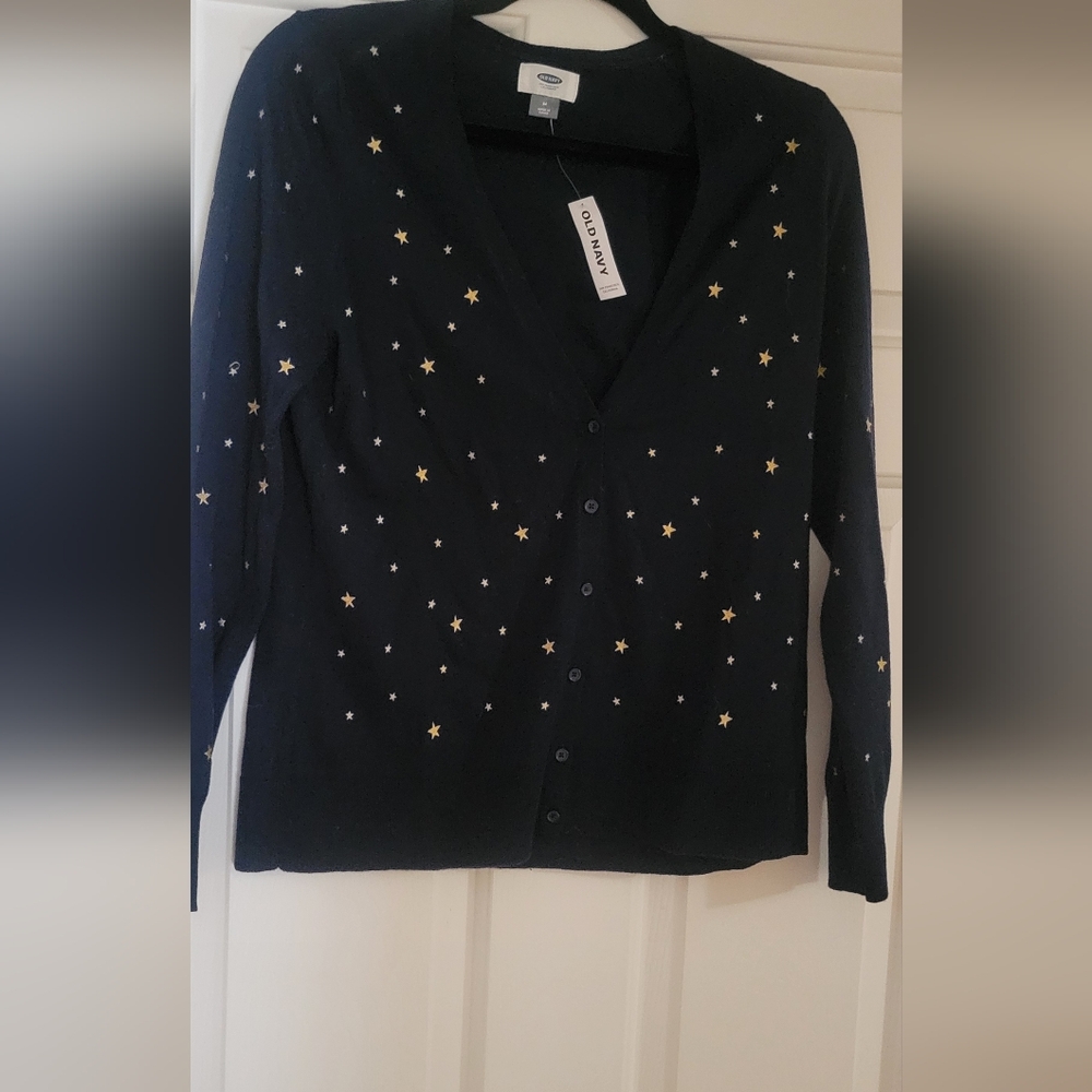 Old Navy gold star print Navy button down cardigan sweater Nwt Size MEDIUM